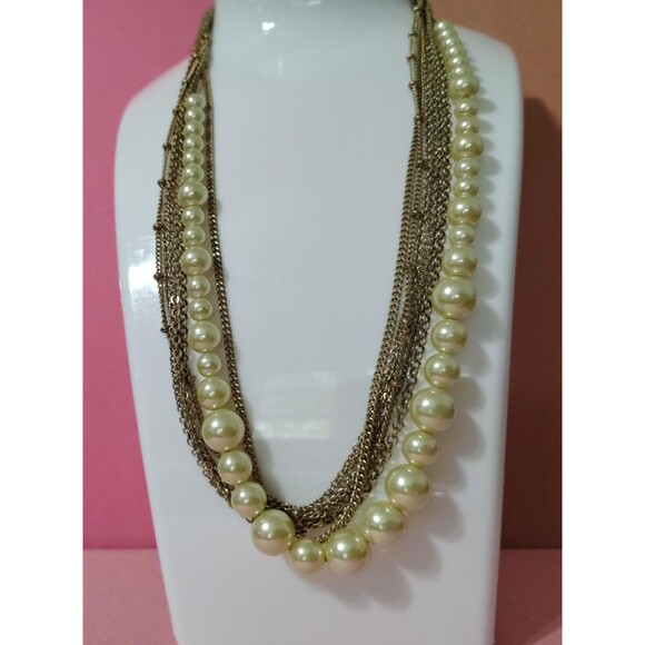 Avon Multi Strand Layered Faux Pearl Gold Tone Chain Necklace Adjustable Jewelry - Picture 10 of 15